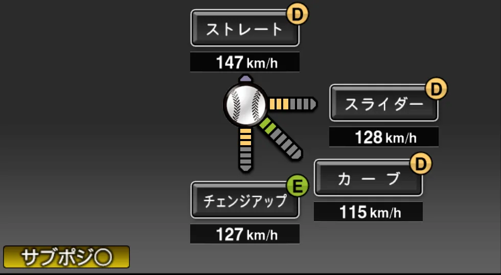 玉村 昇悟の球種（ゲーム内の画面）