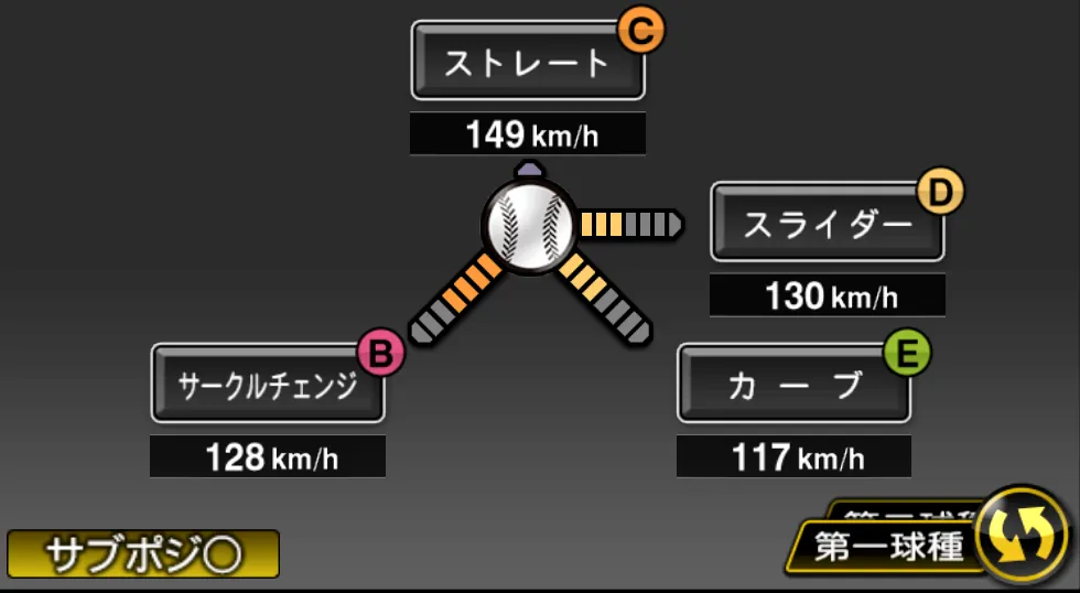 森浦 大輔の球種(ゲーム内の画面)