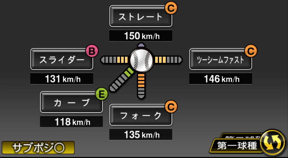 九里 亜蓮の球種（ゲーム内の画面）