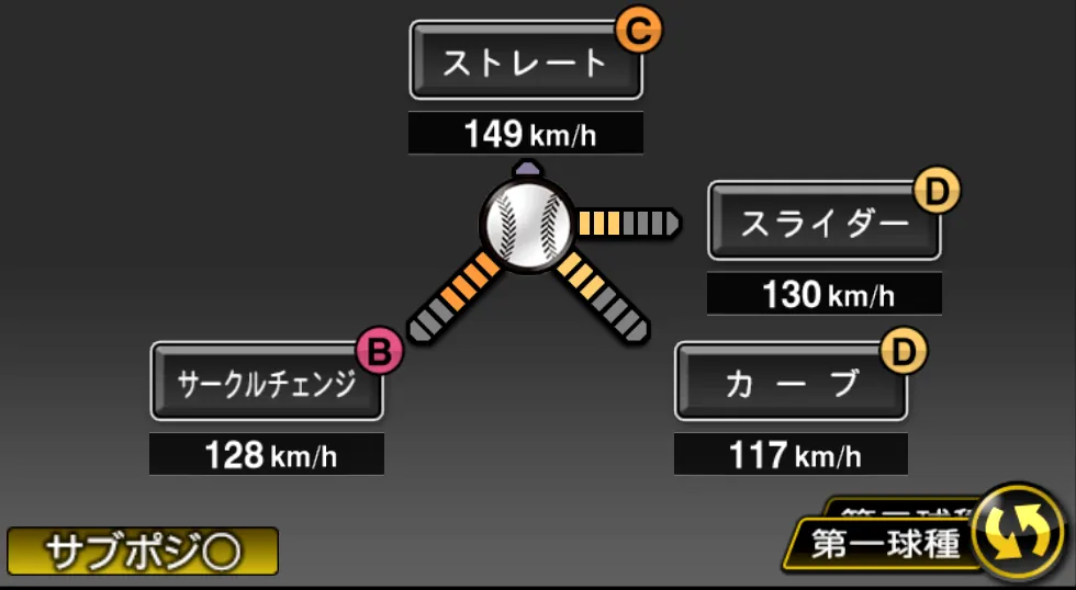 森浦 大輔の球種(ゲーム内の画面)