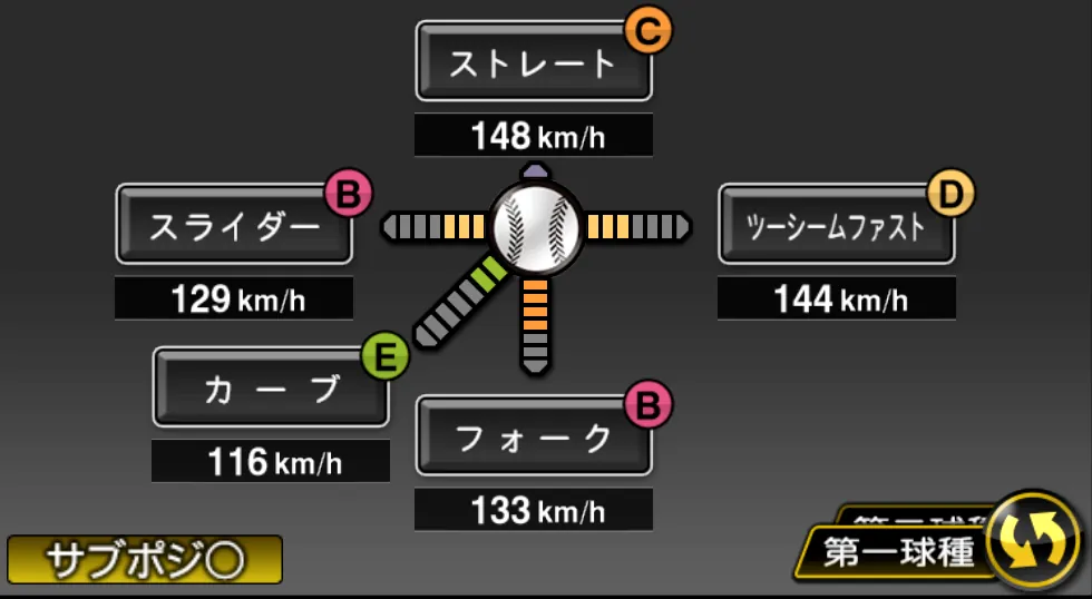 九里 亜蓮の球種(ゲーム内の画面)