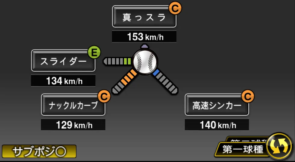 アンダーソンの球種(ゲーム内の画面)