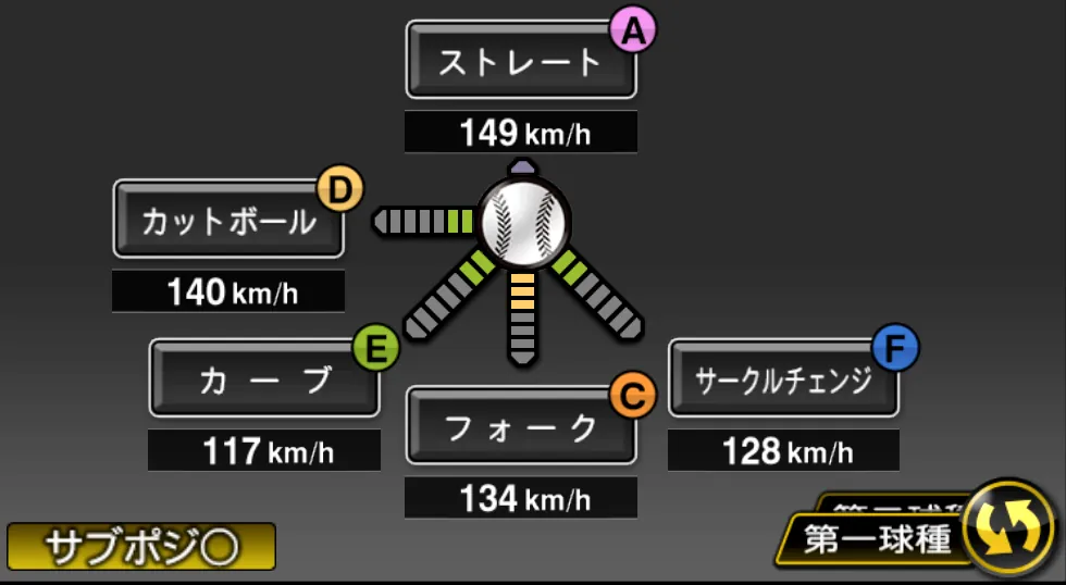 松本 竜也の球種（ゲーム内の画面）