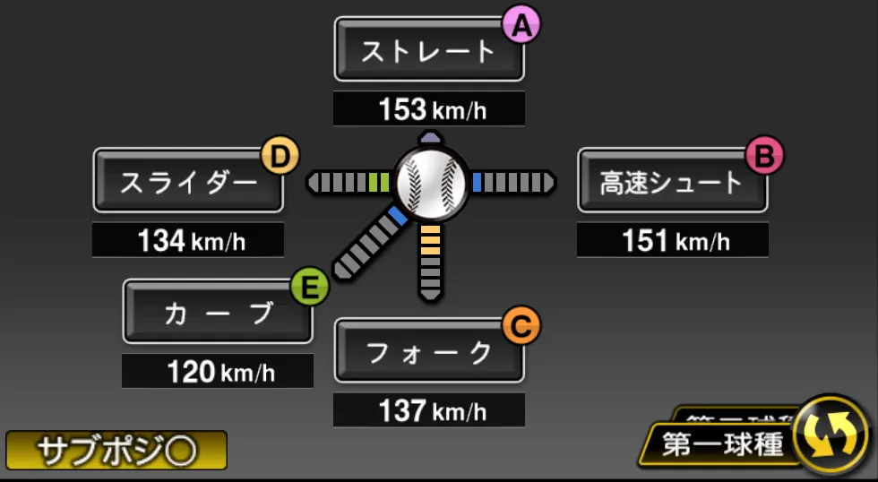 中﨑 翔太の球種（ゲーム内の画面）