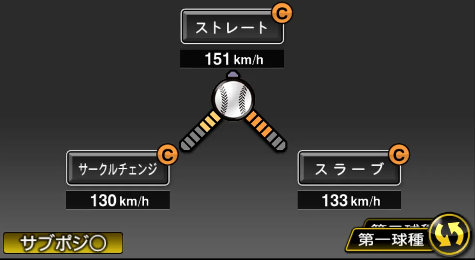 戸根 千明の球種（ゲーム内の画面）
