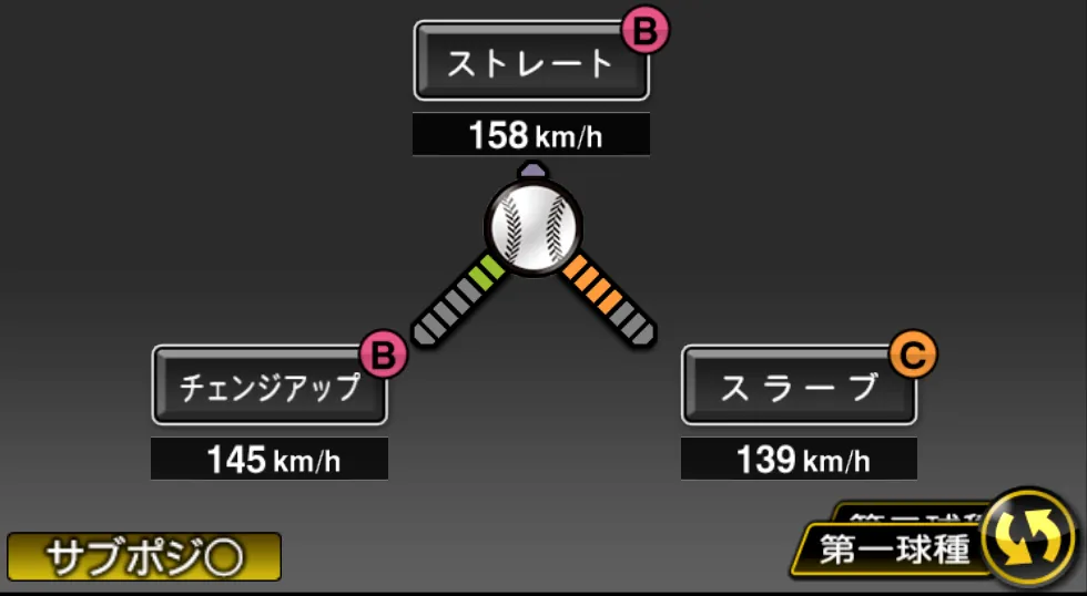 ターリーの球種（ゲーム内の画面）