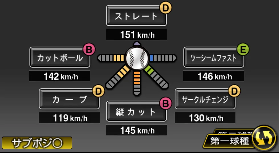 大瀬良 大地の球種（ゲーム内の画面）