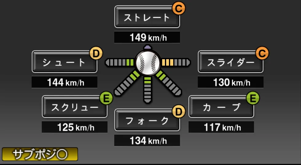 高橋 建の球種（ゲーム内の画面）