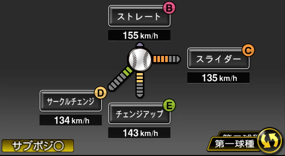塹江 敦哉の球種（ゲーム内の画面）