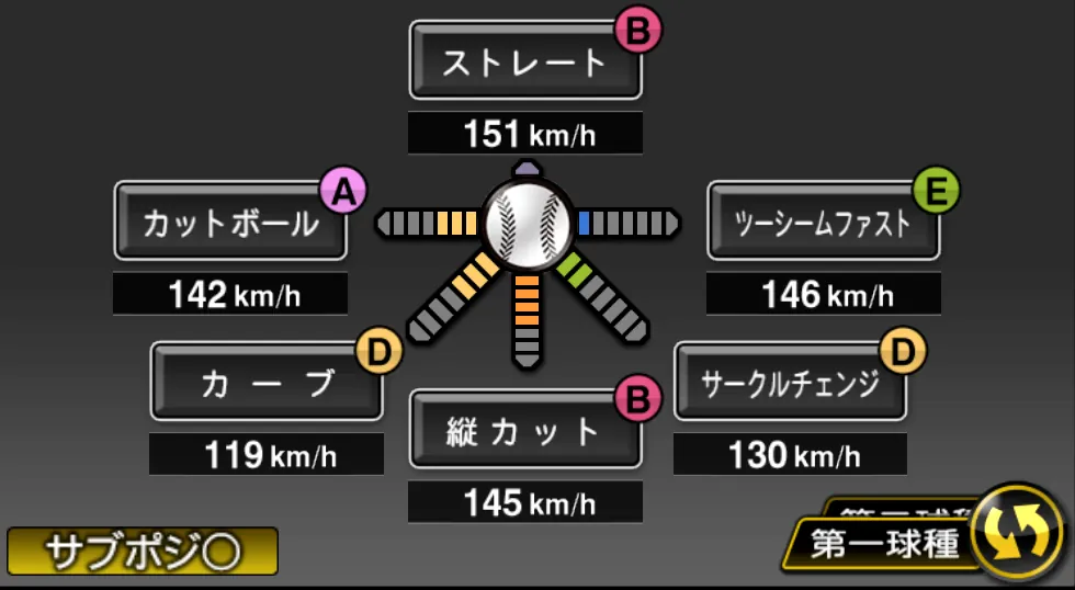 大瀬良 大地の球種（ゲーム内の画面）