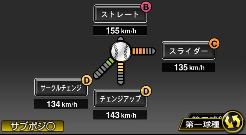 塹江 敦哉の球種（ゲーム内の画面）