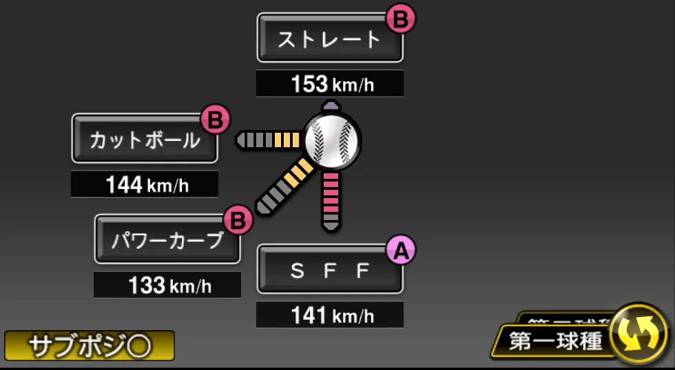 栗林 良吏の球種（ゲーム内の画面）