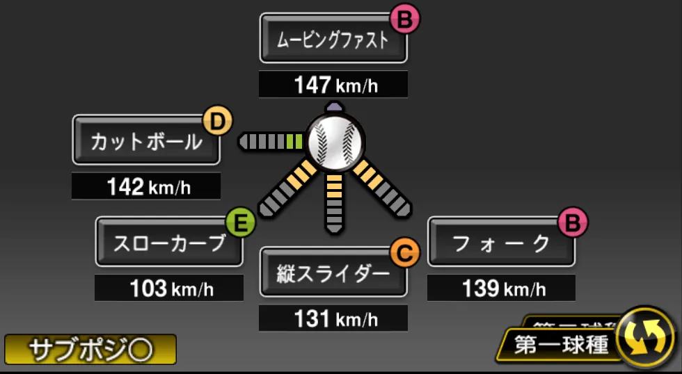 アドゥワ 誠の球種(ゲーム内の画面)