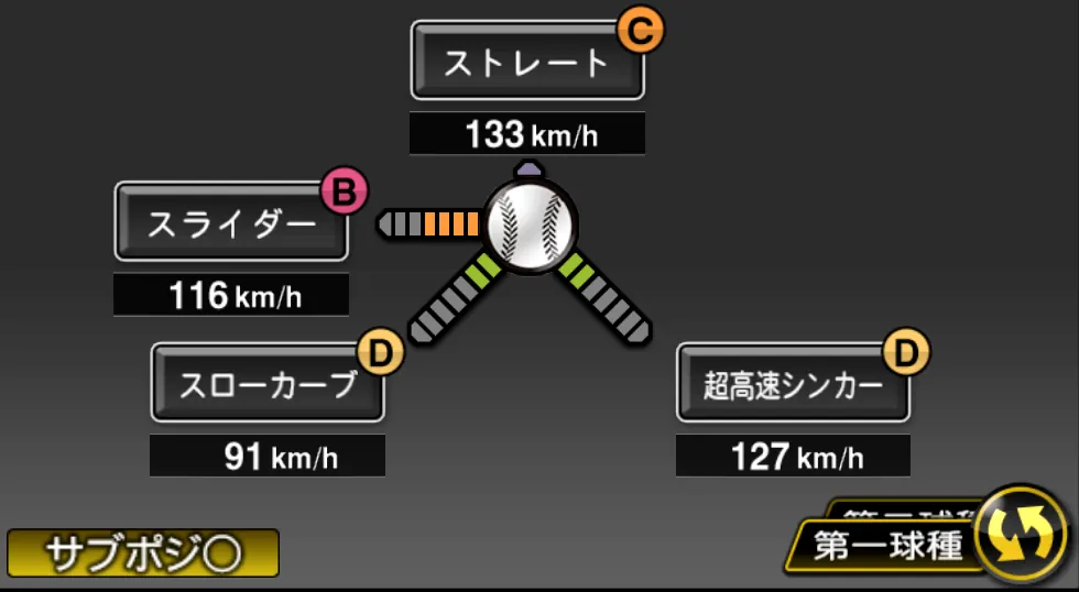 鈴木 健矢の球種（ゲーム内の画面）