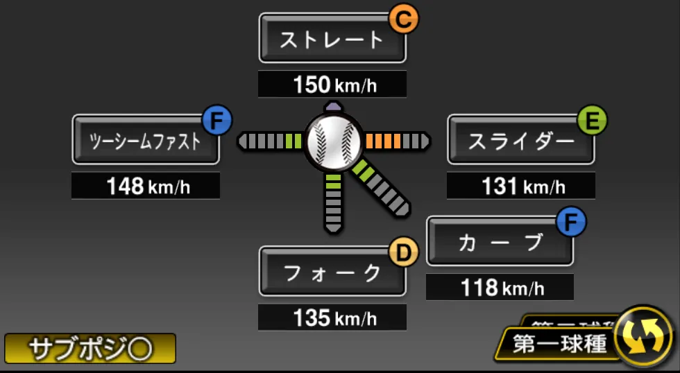 長谷部 銀次の球種（ゲーム内の画面）
