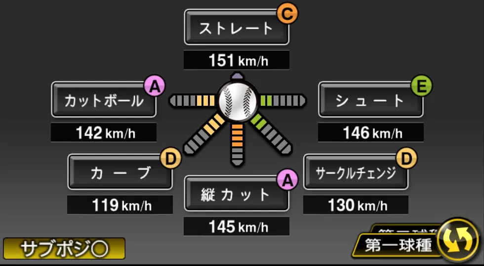 大瀬良 大地の球種（ゲーム内の画面）