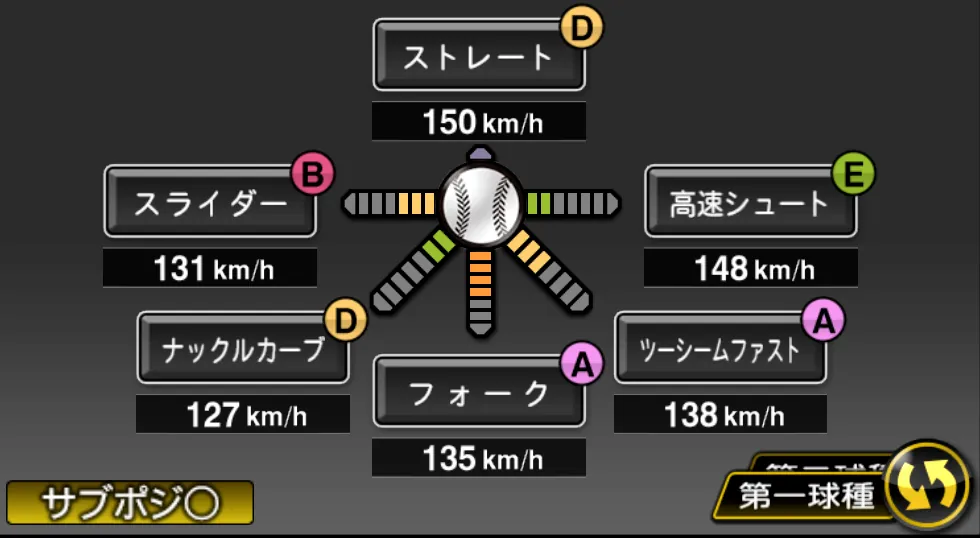 九里 亜蓮の球種（ゲーム内の画面）