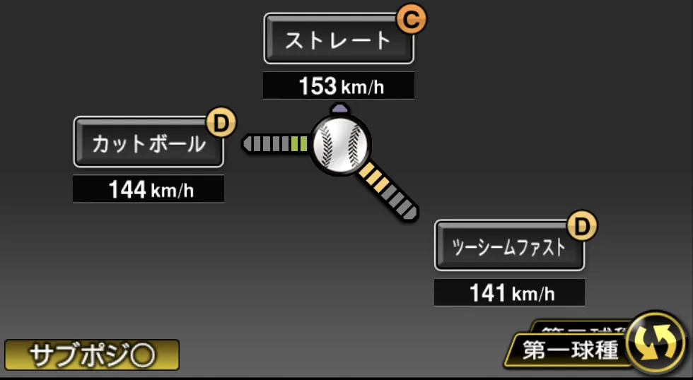 岡本 駿の球種（ゲーム内の画面）