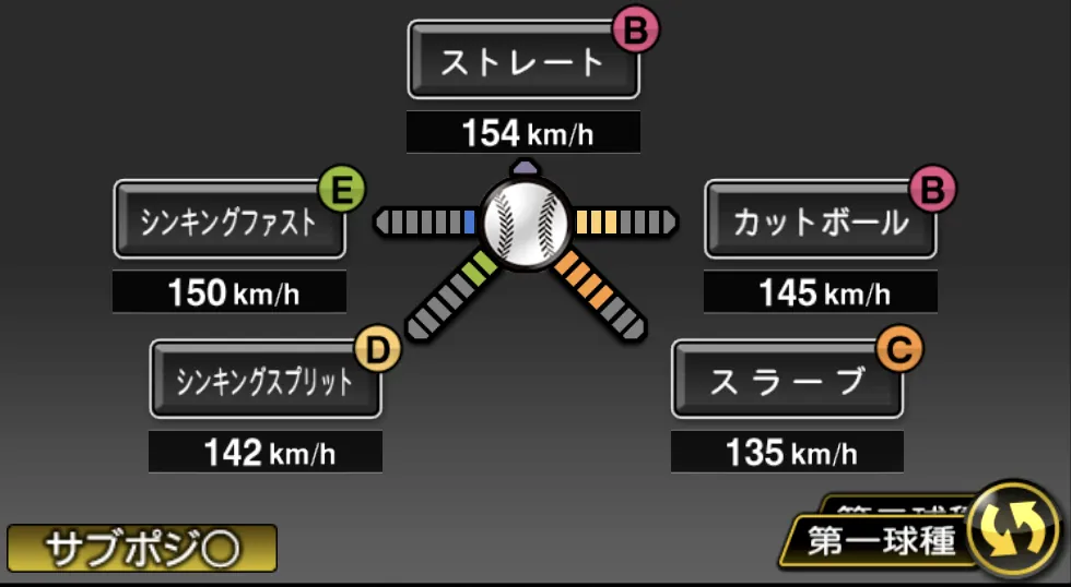 髙 太一の球種（ゲーム内の画面）