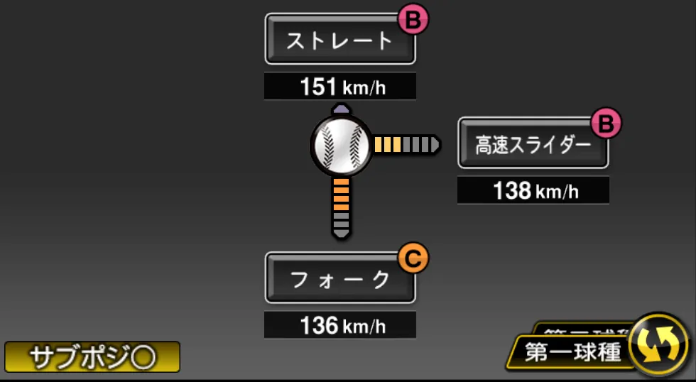 大野 雄大の球種（ゲーム内の画面）