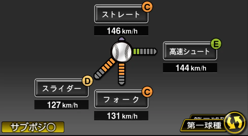 山井 大介の球種（ゲーム内の画面）