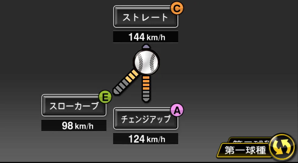 若松 駿太の球種（ゲーム内の画面）