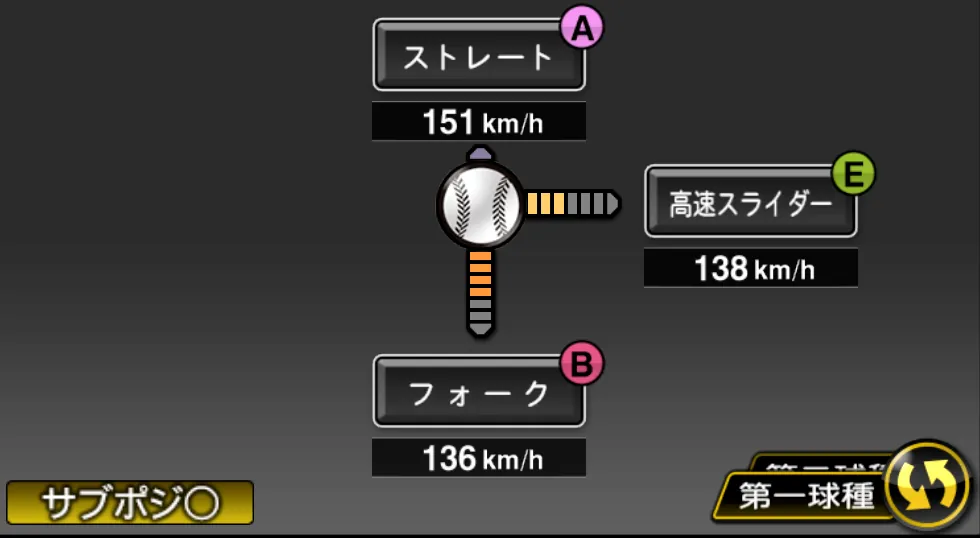大野 雄大の球種（ゲーム内の画面）