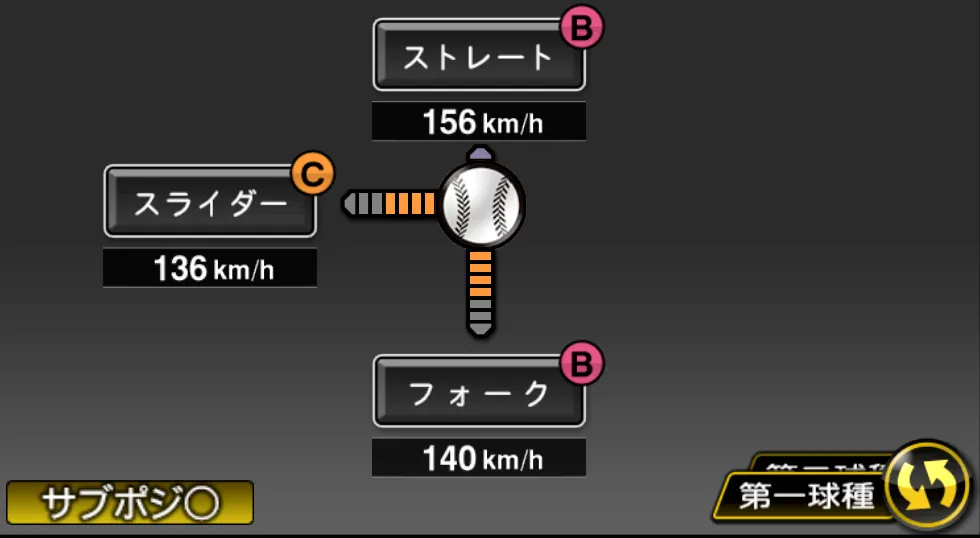 浅尾 拓也の球種（ゲーム内の画面）