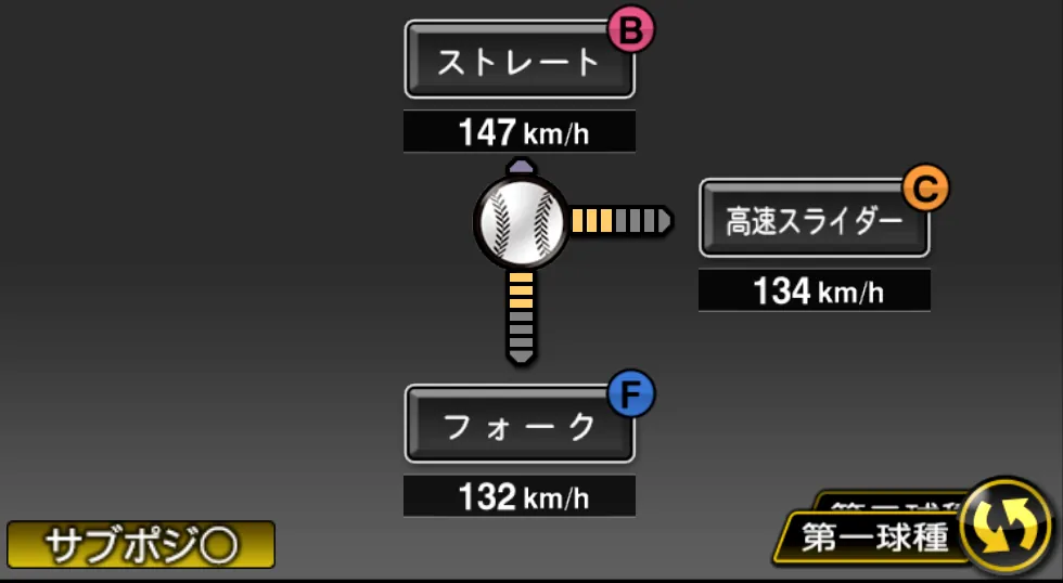 岡田 俊哉の球種（ゲーム内の画面）