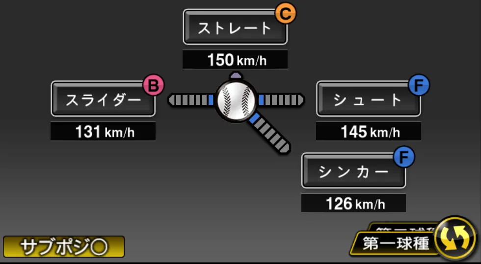 又吉 克樹の球種（ゲーム内の画面）
