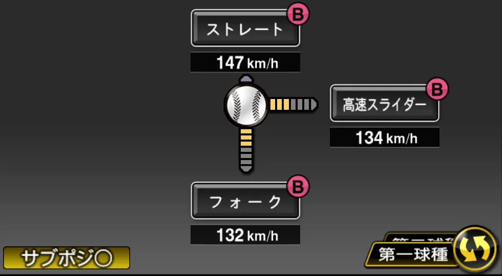 岡田 俊哉の球種（ゲーム内の画面）