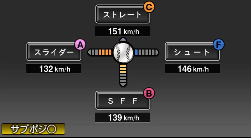 田島 慎二の球種（ゲーム内の画面）
