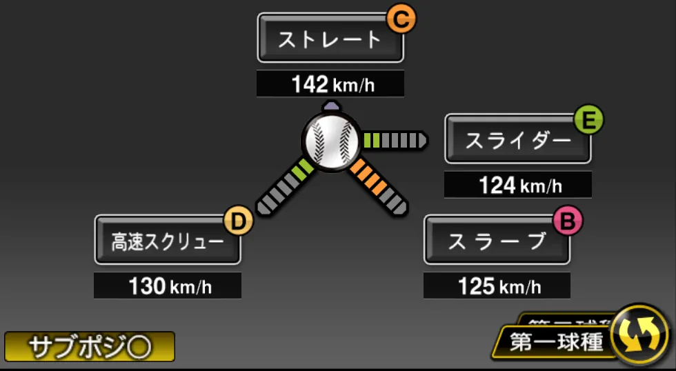 小川 龍也の球種（ゲーム内の画面）