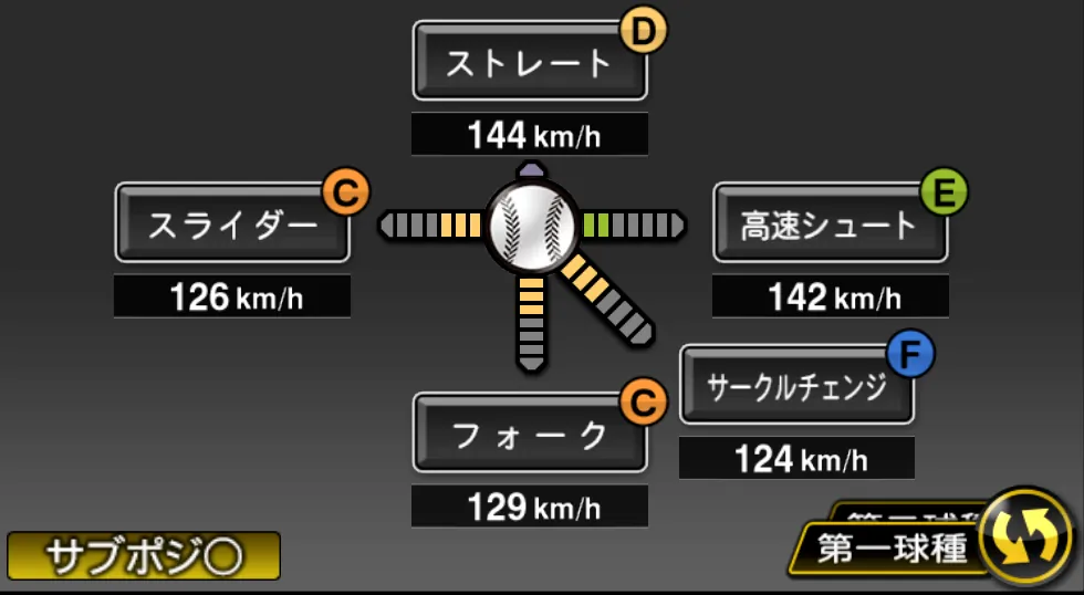 吉見 一起の球種（ゲーム内の画面）