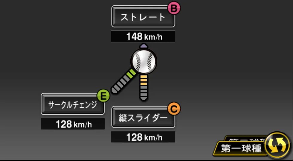アラウホの球種（ゲーム内の画面）