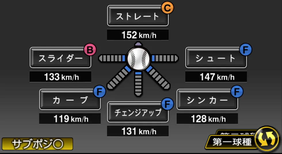 又吉 克樹の球種（ゲーム内の画面）