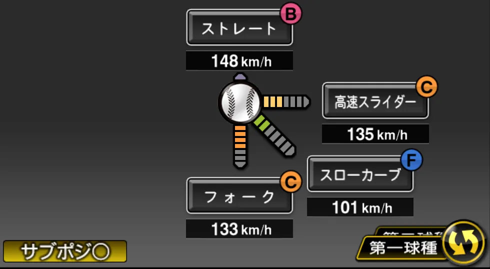 大野 雄大の球種（ゲーム内の画面）