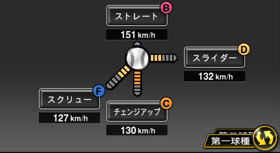 ジョーダンの球種（ゲーム内の画面）