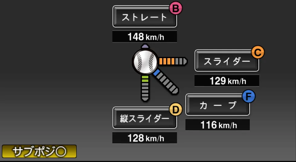 サムソン・リーの球種（ゲーム内の画面）