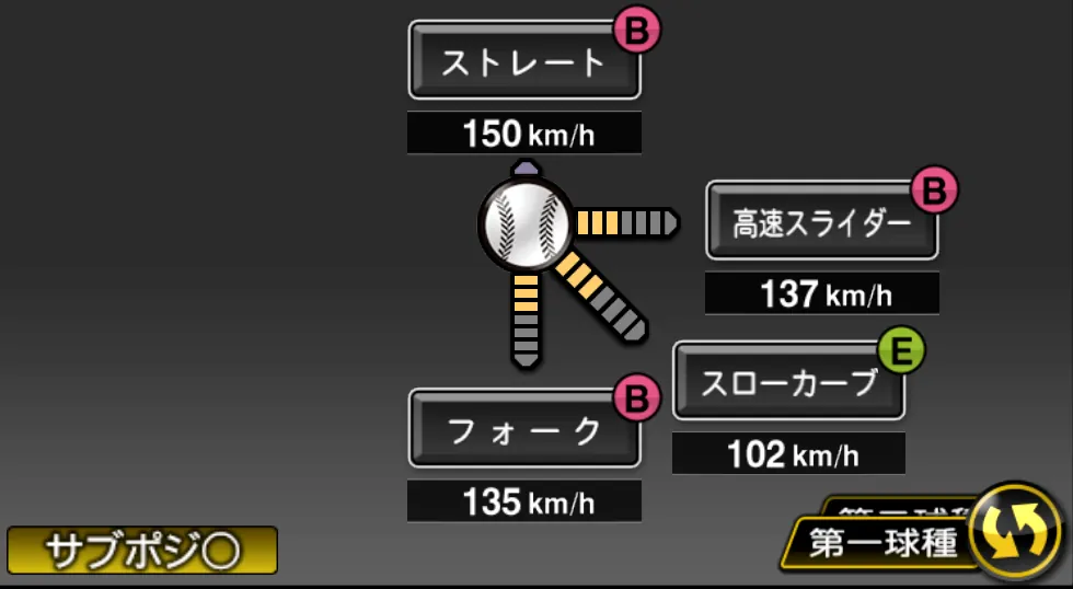 大野 雄大の球種（ゲーム内の画面）