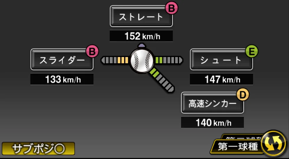 又吉 克樹の球種（ゲーム内の画面）
