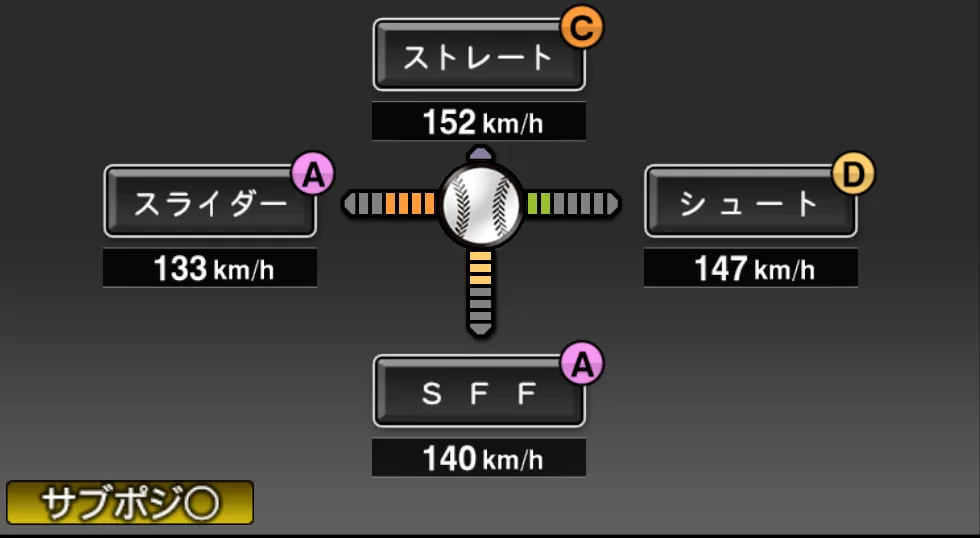 田島 慎二の球種（ゲーム内の画面）