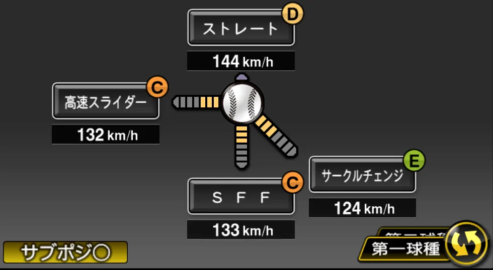 吉見 一起の球種（ゲーム内の画面）