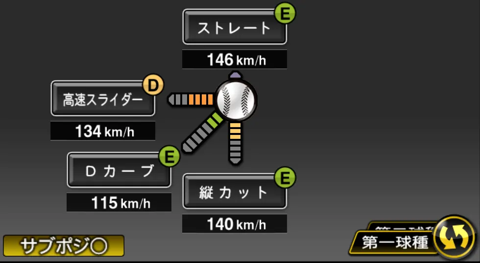 松坂 大輔の球種（ゲーム内の画面）