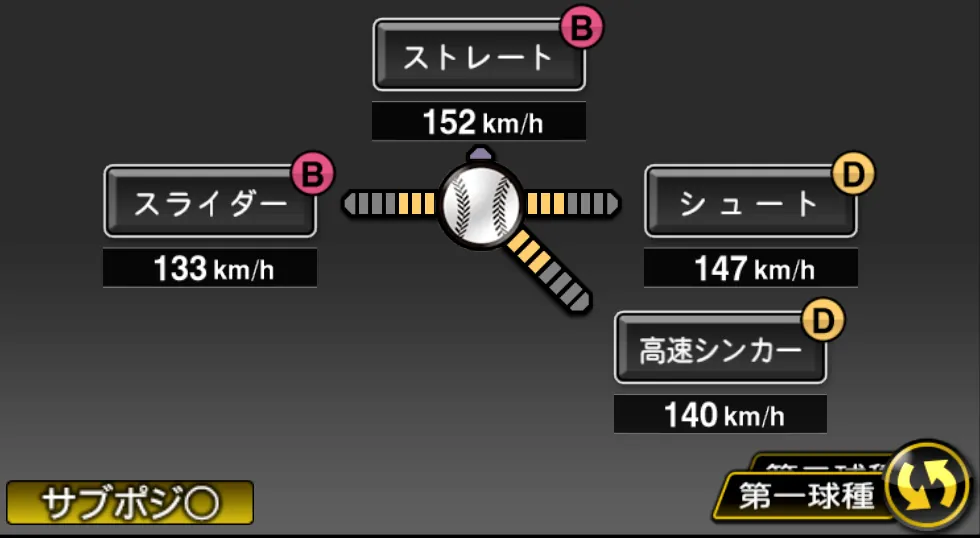 又吉 克樹の球種（ゲーム内の画面）