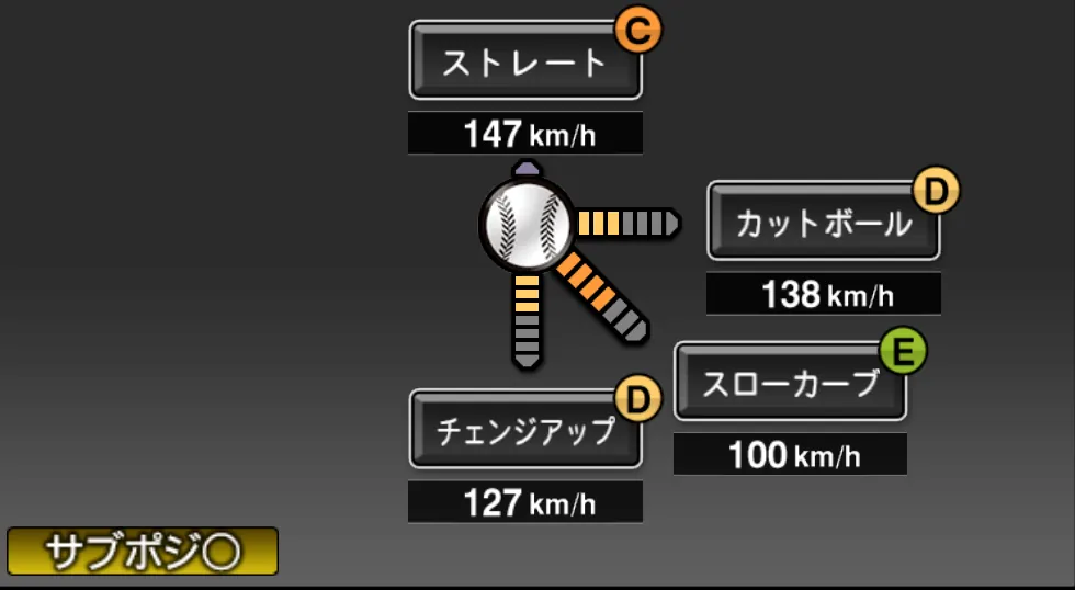 笠原 祥太郎の球種（ゲーム内の画面）