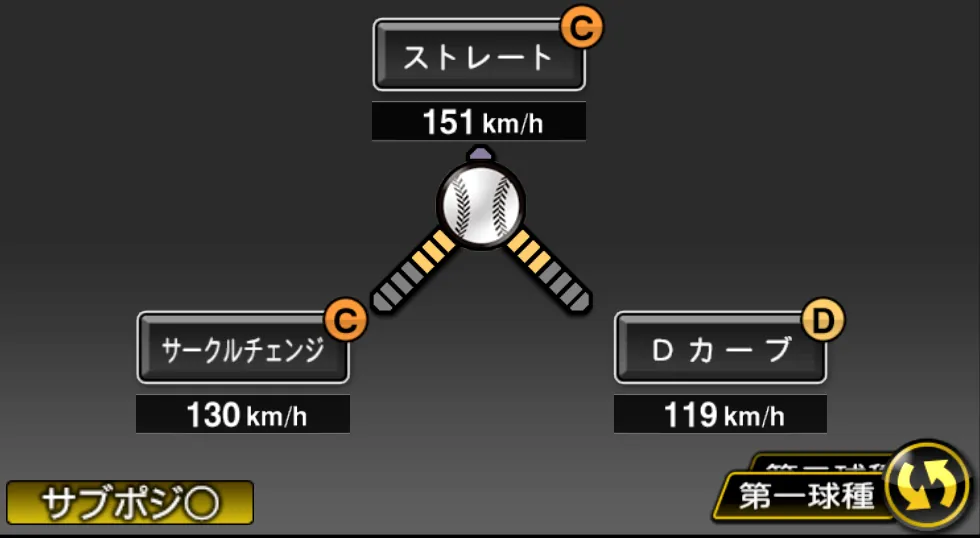 小笠原 慎之介の球種（ゲーム内の画面）