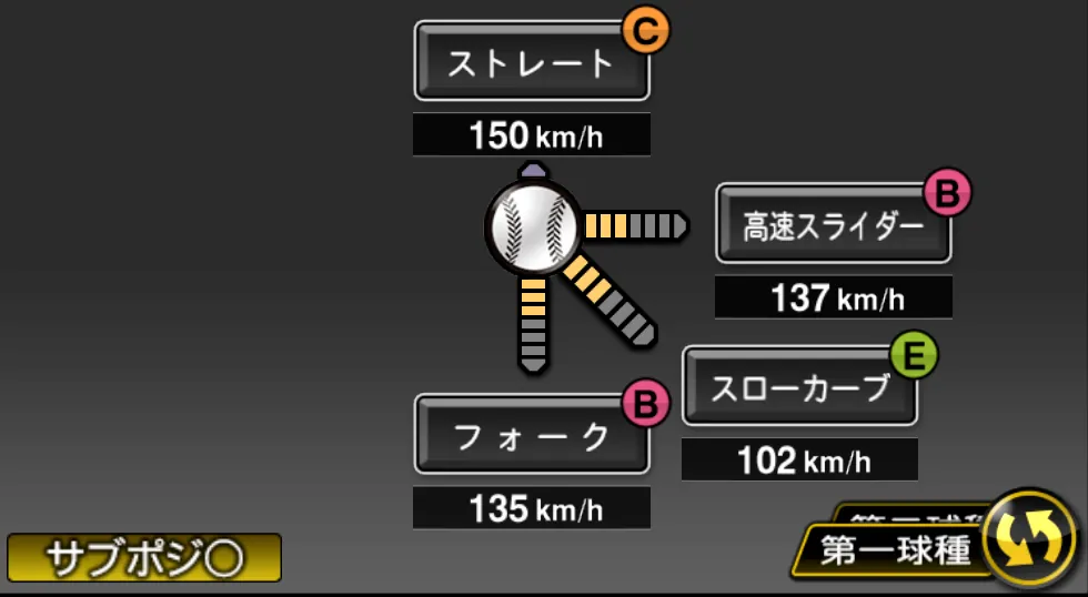 大野 雄大の球種（ゲーム内の画面）