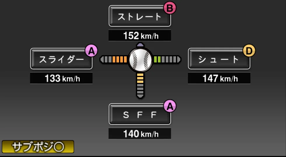 田島 慎二の球種（ゲーム内の画面）