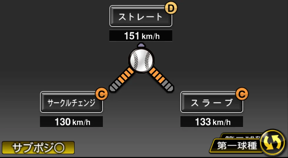 小笠原 慎之介の球種（ゲーム内の画面）